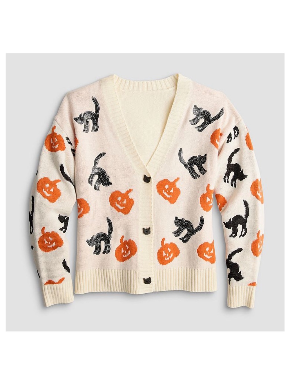 Cream Halloween Cardigan with Black Cat & Orange Pumpkin Motif
